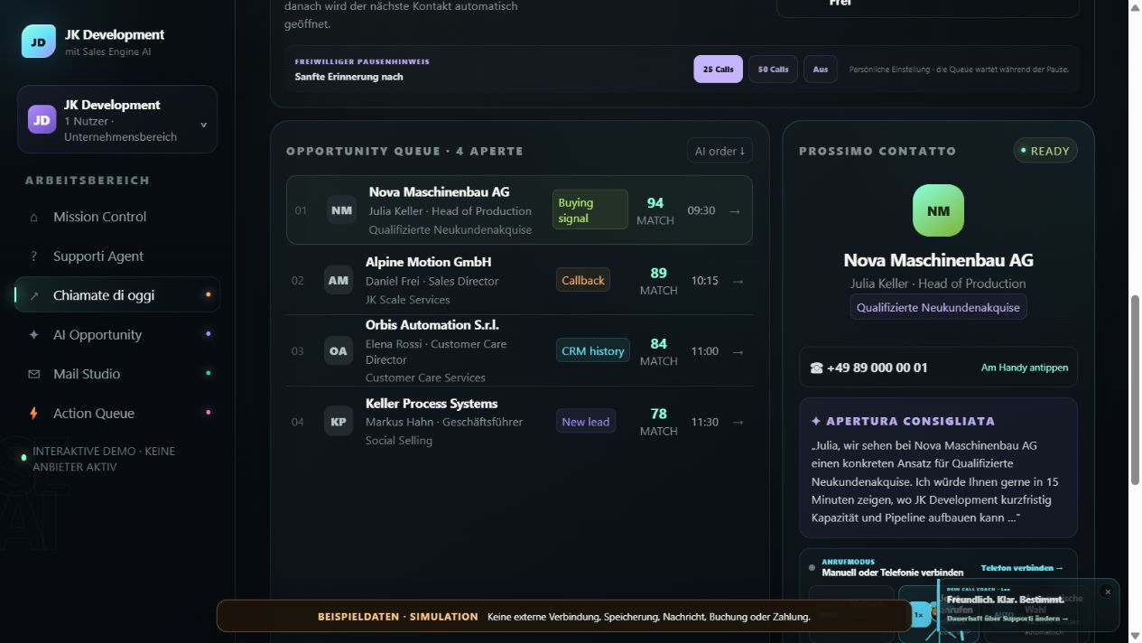 Sales Engine AI : capture originale de la File d’appels avec des données d’exemple.