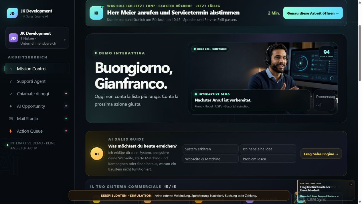 Sales Engine AI : capture originale de Mission Control avec des données d’exemple.